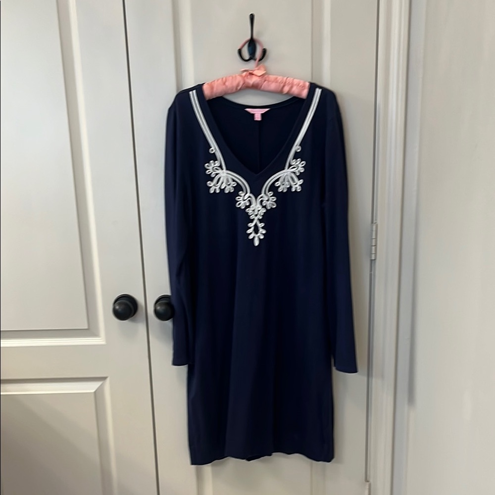 Lilly Pulitzer Blue and White V-Neck Long Sleeve Dress